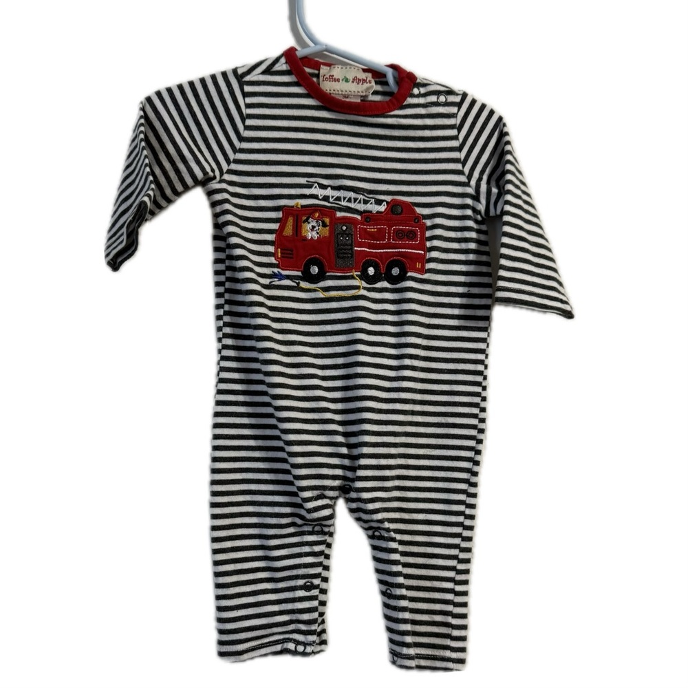 Little Me‎ Black and White Striped One Piece with Red Fire Truck